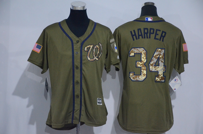 Womens 2017 MLB Washington Nationals #34 Harper Green Salute to Service Stitched Baseball Jersey